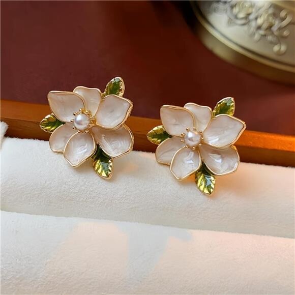 Vintage Flower Earrings | Medieval Style with Pearl Center & Green Leaf Accents - Picture 3 of 3
